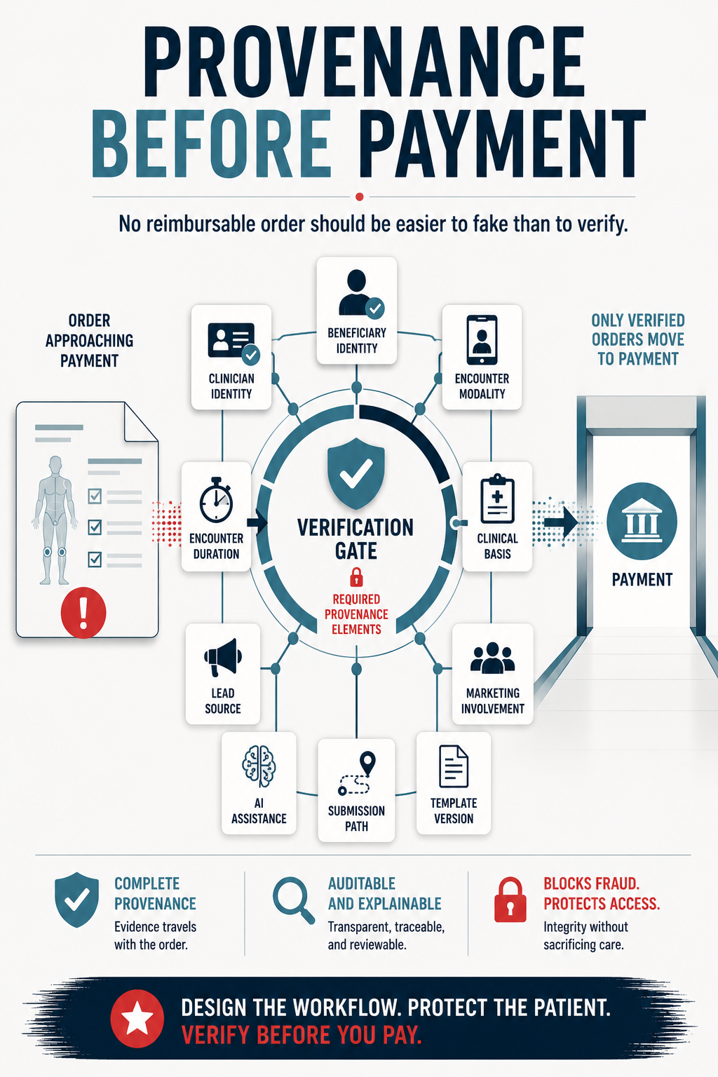 Provenance Before Payment. A verification gate where ten required provenance elements (clinician identity, beneficiary identity, encounter modality, encounter duration, clinical basis, lead source, marketing involvement, AI assistance, submission path, template version) gate every reimbursable order before it reaches payment.