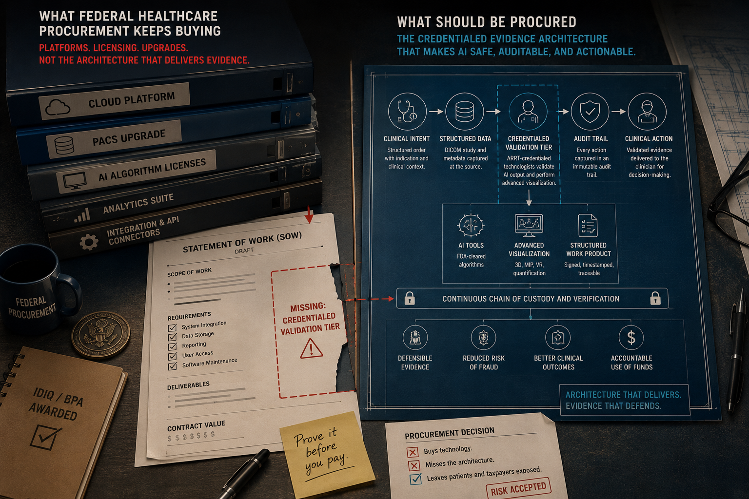 What Procurement Keeps Buying Wrong. A federal procurement desk shows a stack of binders labeled Cloud Platform, PACS Upgrade, AI Algorithm Licenses, Analytics Suite, and Integration and API Connectors above a draft Statement of Work with a torn-out section marked Missing: Credentialed Validation Tier. Beside it, a blueprint of the credentialed evidence architecture spans clinical intent, structured data, credentialed validation tier, audit trail, clinical action, AI tools, advanced visualization, and structured work product on a continuous chain of custody and verification. Outcomes: defensible evidence, reduced risk of fraud, better clinical outcomes, accountable use of funds. A sticky note reads Prove it before you pay. The procurement decision below: Buys technology. Misses the architecture. Leaves patients and taxpayers exposed. Risk accepted.