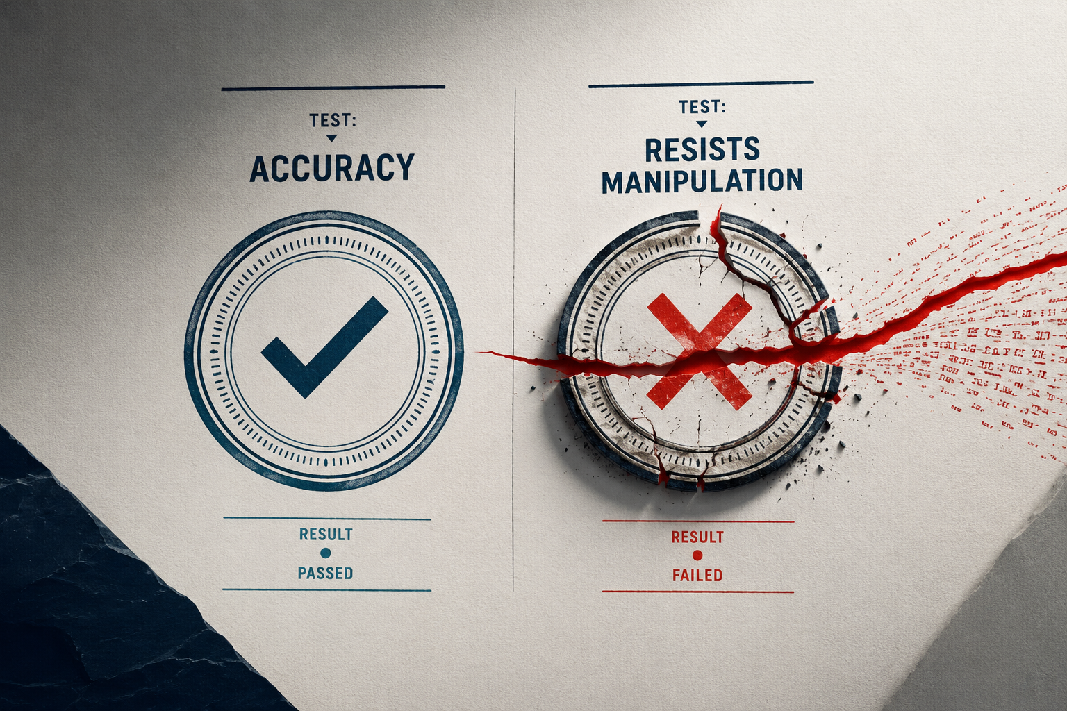 Accuracy Is Not Trust. Two parallel test panels on textured off-white paper, divided by a vertical line. Left panel: a navy-blue circular stamp marked with a check inside concentric measurement rings, labeled at top TEST: ACCURACY and at bottom RESULT: PASSED in steady navy ink. Right panel: a near-identical stamp, but cracked through the middle by a jagged red fissure that erupts to the right edge of the frame, scattering pixelated red data fragments into the air. The right stamp is marked with a red X and labeled at top TEST: RESISTS MANIPULATION and at bottom RESULT: FAILED in red ink. The composition makes the point that a system can pass one test and fail the other, and that vendors will treat them as the same question if buyers let them.