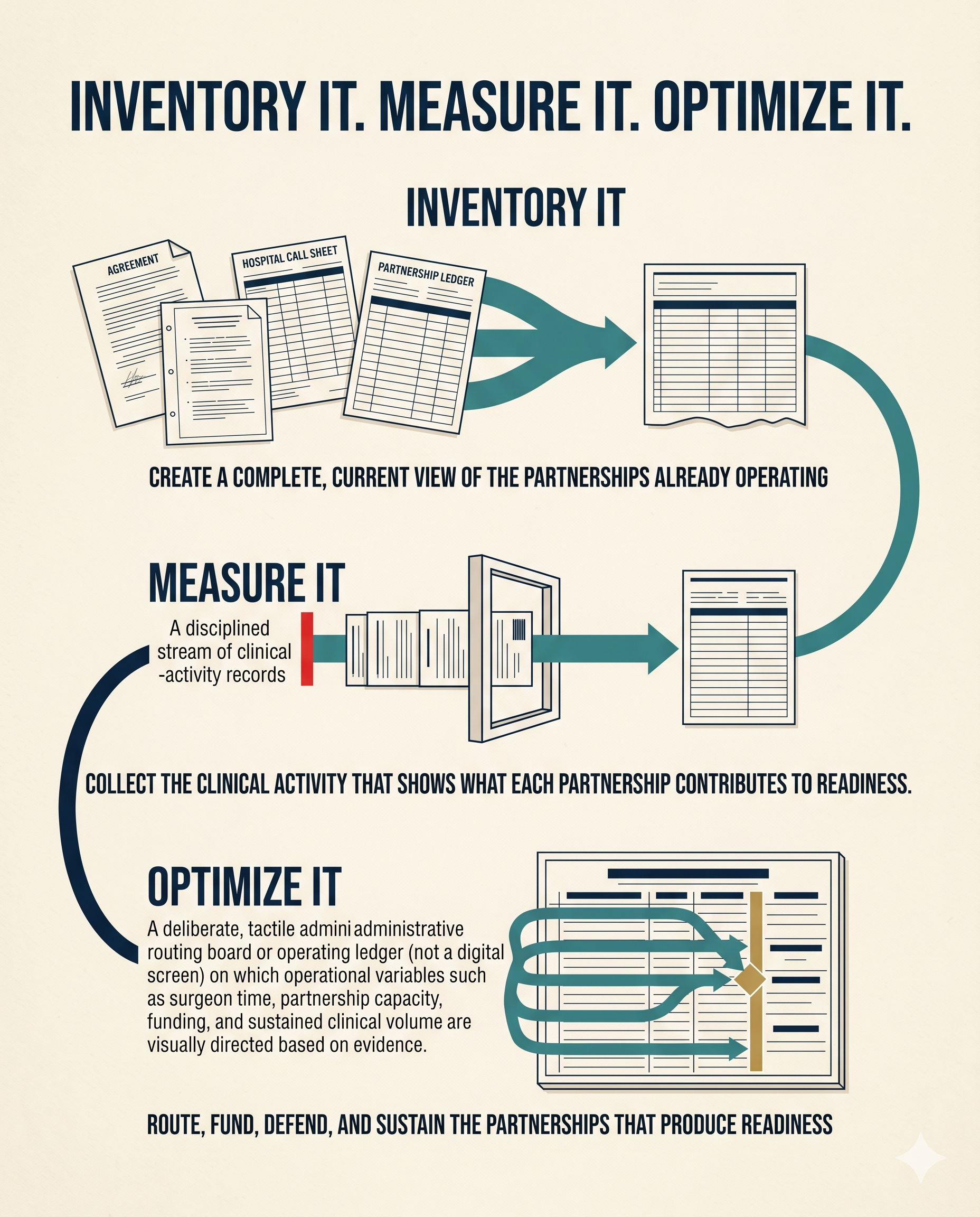 Inventory it, measure it, optimize it. Three steps drawn as a flow. Inventory it: pull scattered agreements, call sheets, and partnership ledgers into one complete, current view of the partnerships already operating. Measure it: collect a disciplined stream of clinical-activity records that shows what each partnership contributes to readiness. Optimize it: a tactile routing board where operational variables — surgeon time, partnership capacity, funding, sustained clinical volume — are directed by evidence to route, fund, defend, and sustain the partnerships that produce readiness.
