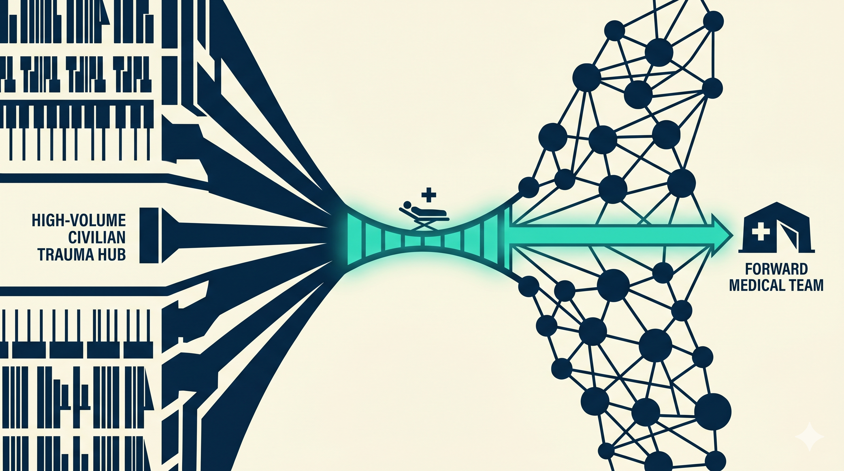 A high-volume civilian trauma hub on the left funnels a patient through a narrow channel that opens into a wide, interconnected mesh network on the right, with a teal arrow carrying the flow forward to a forward medical team. The image shows expertise pooled at the hub and reached out across a network to the point of need.