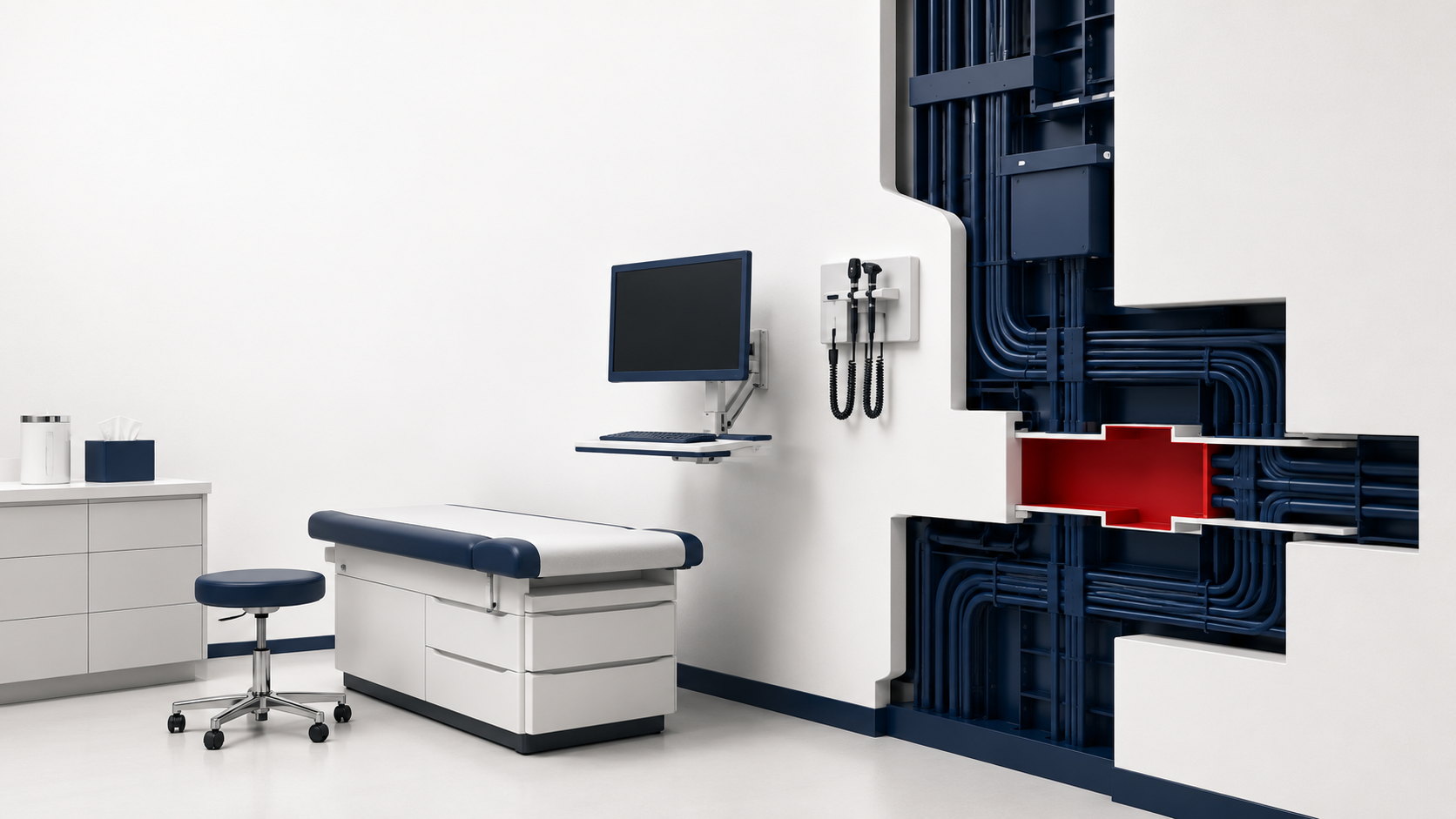 A pristine, white medical exam room — exam table, rolling stool, a wall-mounted monitor and diagnostic instruments — with the right third of the wall cut away to reveal a dense, packed tangle of navy conduit and cabling running behind it, a single red cross-shaped duct pushed out into the open. The clean clinical surface sits in front of the complicated system that actually makes it work.