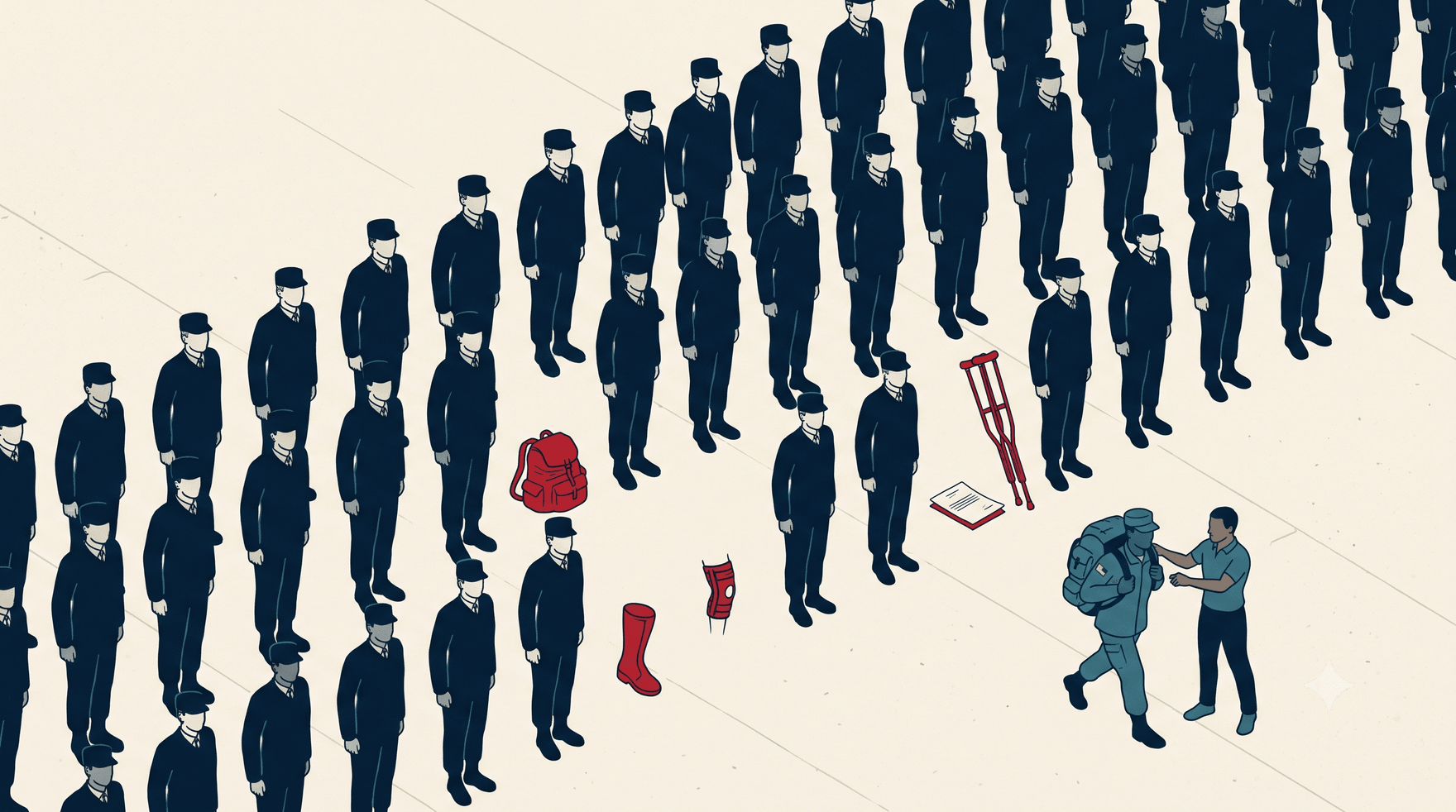 An isometric illustration of a long line of dark-uniformed soldiers standing in formation. On the ground between them lie red items that signal injury and attrition: a backpack, a boot, a knee brace, a pair of crutches, and a medical form. At the front of the line, one healthy soldier in field gear with a full rucksack is being checked and steadied by a performance specialist, the one kept ready while others fall out of line.