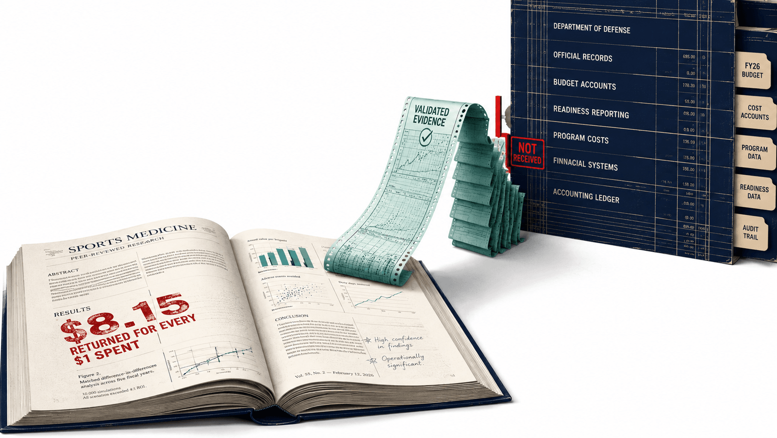 The cover of a peer-reviewed Sports Medicine journal lies open, its validated evidence printing out on green-and-white ledger paper that feeds toward a tall Department of Defense file cabinet. The cabinet's drawers, official records, budget accounts, readiness reporting, program costs, financial systems, accounting ledger, are stamped NOT RECEIVED. The proof exists in the journal but has not reached the Department's books.