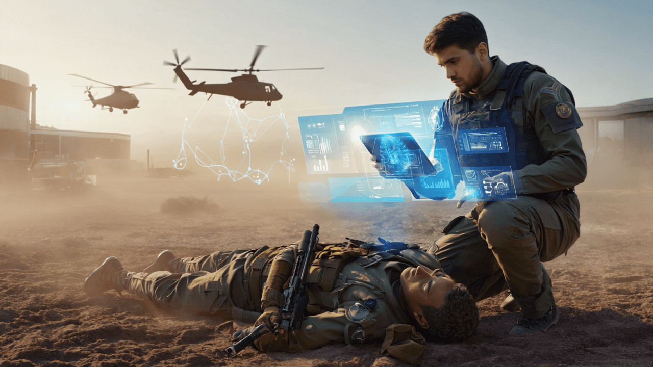 A combat medic in tactical gear kneels beside a wounded soldier in a dusty battlefield as two medevac helicopters approach. Above the medic's handheld device, a blue holographic display projects the wounded soldier's vital signs and medical data, the read that will not follow him into his medical record.