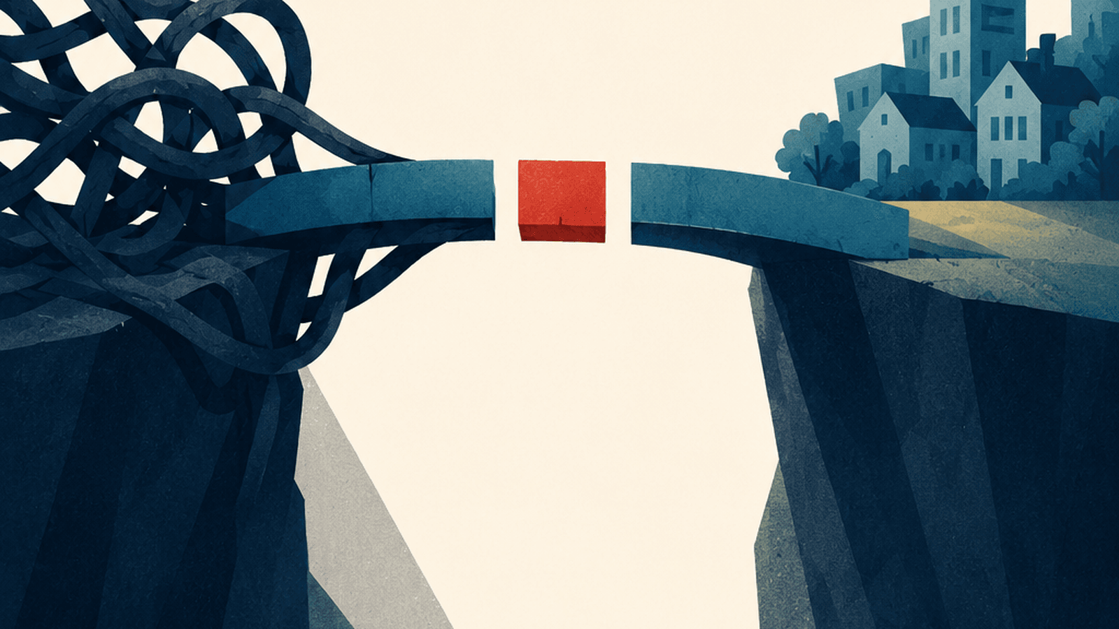 An unfinished stone bridge spans a canyon. On the left, the bridge emerges from a dark, tangled knot of looping cables and dissolves into the cliff face. On the right, it lands cleanly at a sunlit neighborhood of houses. A single red block floats in the gap at the center where the span does not connect, the piece that looks like it completes the bridge but does not close either side.