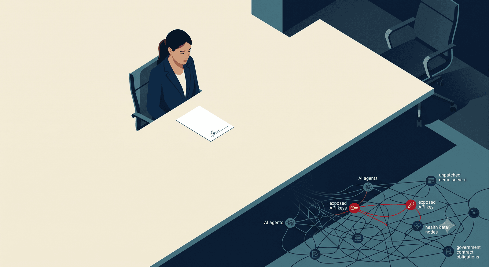 An isometric illustration. A woman in a blue suit sits alone at a large, mostly empty table, looking down at a single signed sheet of paper. The chair across from her is empty. Beneath the lit surface of the table, in shadow, a dense web of connected nodes spreads out: AI agents, two red exposed API key nodes wired together, health data nodes, unpatched demo servers, and government contract obligations. The signature sits directly above the hidden network it vouches for.