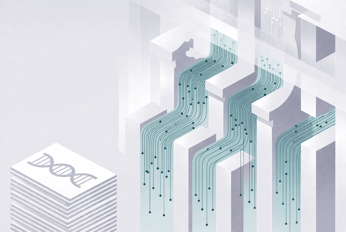 An isometric illustration in pale grays and teal. At lower left, a stack of paper sheets printed with a DNA double helix sits apart on an empty floor. To the right, a row of white federal buildings with columned porticoes. Streams of teal data lines rise out of the buildings, bend across their rooftops, and run off to the right toward a faint digital grid, with individual line ends dropping away and terminating in mid-air. The paper stack is not connected to any of it.