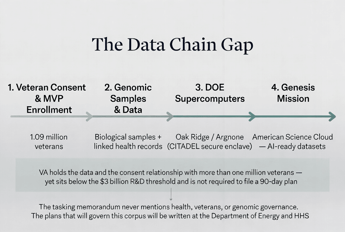 Diagram titled The Data Chain Gap. Four arrow-linked stages read left to right. One, veteran consent and MVP enrollment, 1.09 million veterans. Two, genomic samples and data, biological samples plus linked health records. Three, DOE supercomputers, Oak Ridge and Argonne, CITADEL secure enclave. Four, Genesis Mission, American Science Cloud, AI-ready datasets. A shaded band below reads: VA holds the data and the consent relationship with more than one million veterans, yet sits below the $3 billion R&D threshold and is not required to file a 90-day plan. A closing line reads: the tasking memorandum never mentions health, veterans, or genomic governance, and the plans that will govern this corpus will be written at the Department of Energy and HHS.