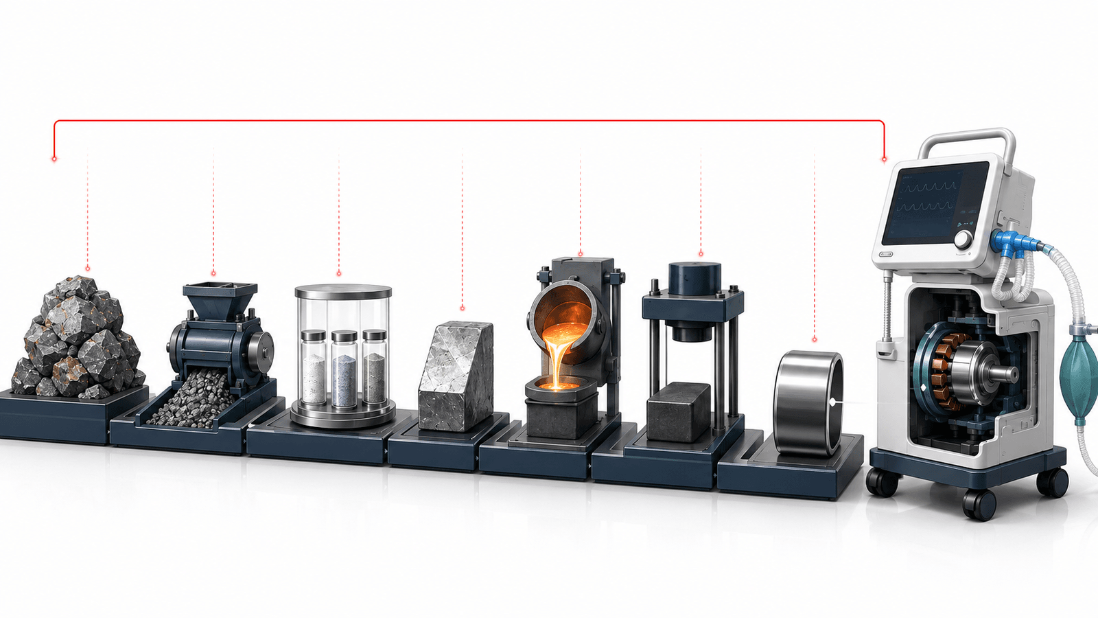 An isometric product-line illustration on white. A red dashed line connects eight stations set on navy platforms, left to right: a pile of raw ore, a crusher feeding crushed rock, three vials of separated powders, a solid metal block, a crucible pouring molten orange alloy, a hydraulic press, a finished ring magnet, and at far right a white medical ventilator shown in cutaway to reveal the permanent-magnet motor inside. The chain runs from mined rock to the magnet inside a hospital machine.