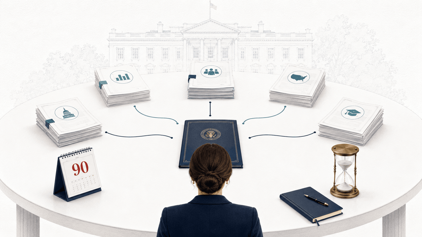 A woman in a dark suit sits with her back to the viewer at a large round white table, facing a navy presidential portfolio embossed with the seal of the United States. Five stacks of documents fan out around the table, each marked with an icon for the Capitol, a bar chart, a group of people, a US map, and a graduation cap, connected by thin lines to the portfolio at the center. A desk calendar reading 90 sits to her left and an hourglass to her right, with a faint line drawing of the White House behind. The image shows a single decision-maker facing five separate bodies of evidence that do not yet connect.