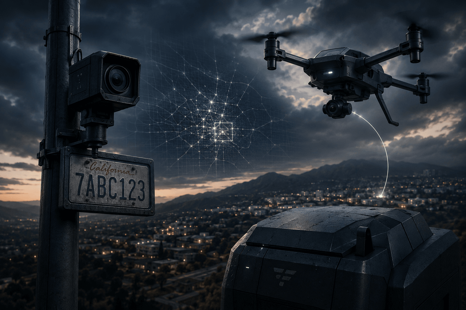 A pole-mounted automated license plate reader camera photographs a California plate reading 7ABC123 in the foreground at dusk, while an autonomous quad-rotor drone lifts off from a weatherproof dock at right, a glowing data line arcing between them over a hillside city grid of lights and a faint network mesh in the sky. The image shows a plate read triggering an aircraft.