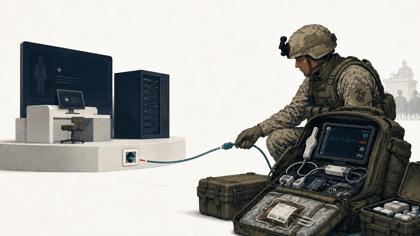 A Marine in camouflage utilities, kneeling at right, opens a hardshell field-medical kit that holds a rugged tablet monitor showing a patient's vitals and ECG trace, a unit of blood, and cases of medication. He extends a data cable toward a wall port on a raised platform at left that carries a hospital electronic-health-record workstation and server tower, the connection not yet complete. A podium and seated audience sit faintly in the background. The image shows field medical equipment reaching for a health record architecture it does not yet plug into.