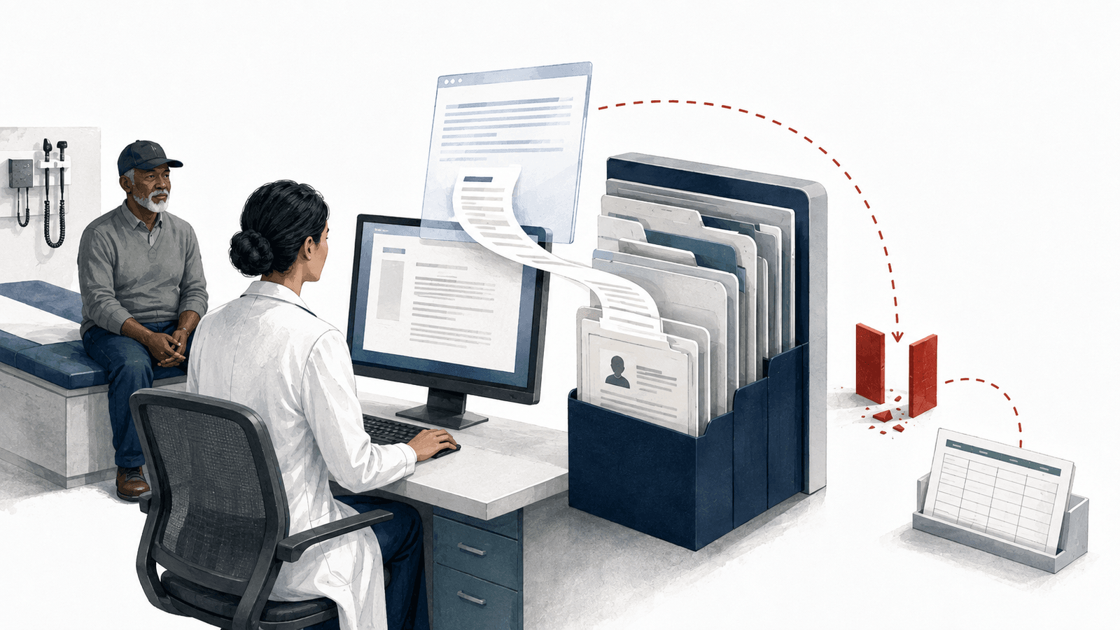 In an exam room, a clinician in a white coat sits at a desk with her back to the viewer, typing at a monitor while an older veteran patient in a ball cap waits on the exam table behind her. A second translucent window floats above her screen, and a long ribbon of generated text pours out of it and down into a navy file box packed with patient charts. A red dashed line arcs away from that window, skips past a set of broken red brackets on the floor, and lands instead in a small three-column table propped on a stand at right. The generated draft reaches the patient record while the review gate it should have passed through sits broken and bypassed, and the only place the tool is logged is a spreadsheet with three columns.