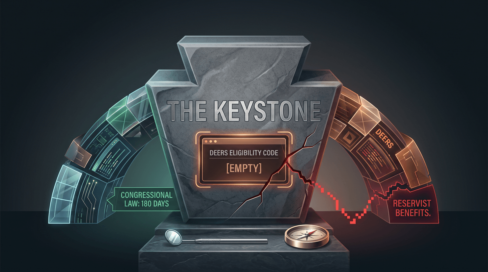 A carved stone keystone stands on a dark pedestal with THE KEYSTONE cut into its face. Set into the stone is a glowing amber terminal window labeled DEERS ELIGIBILITY CODE, and the value field beneath it reads [EMPTY]. A jagged red crack splits the stone from that window down to the base. On the left, a cool teal and blue arch of circuitry runs into the keystone under a green tag reading CONGRESSIONAL LAW: 180 DAYS. On the right, an amber arch marked DEERS carries a red line out of the crack, and it falls away into a red tag reading RESERVIST BENEFITS. A dental mirror and a brass compass rest on the pedestal below. The law arrives on one side and the benefit fails on the other, because the field in the middle is empty.