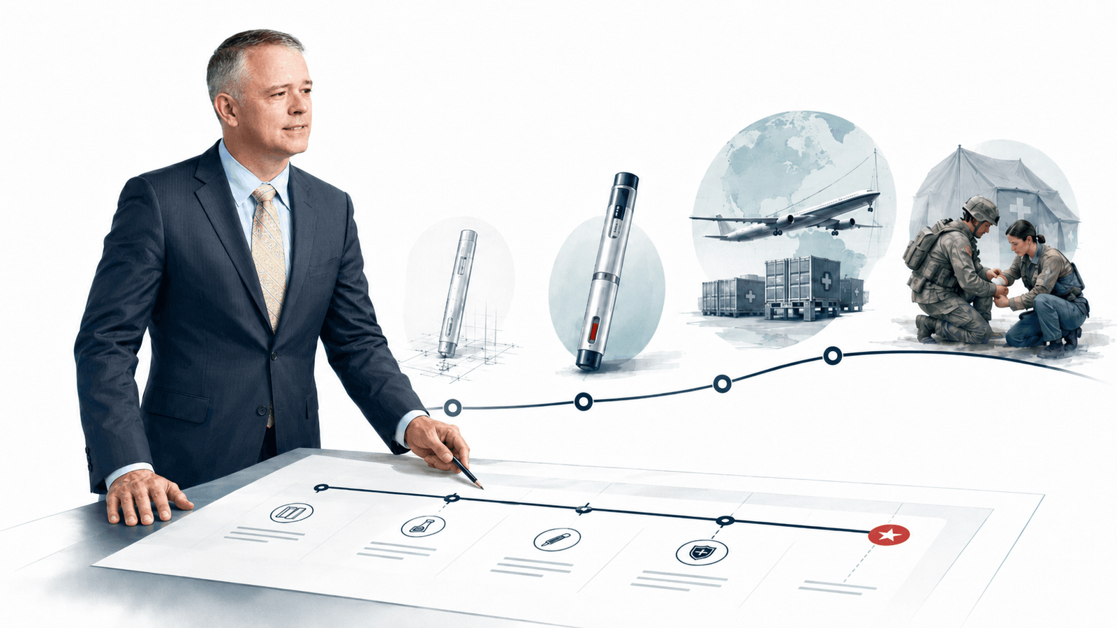 An acquisition executive in a dark suit stands at a light table, pencil in hand, tracing a program timeline printed on a large planning sheet. The printed timeline runs left to right through milestone icons for requirements, prototyping, development, and protection, ending at a red star. Above the table, a rising milestone curve connects four watercolor vignettes: an engineering sketch of an auto-injector, the finished auto-injector prototype, a cargo aircraft crossing a globe above palletized medical supply containers, and a medic bandaging a soldier's arm outside a field hospital tent. The plan on the table becomes the fielded product in the medic's hand.