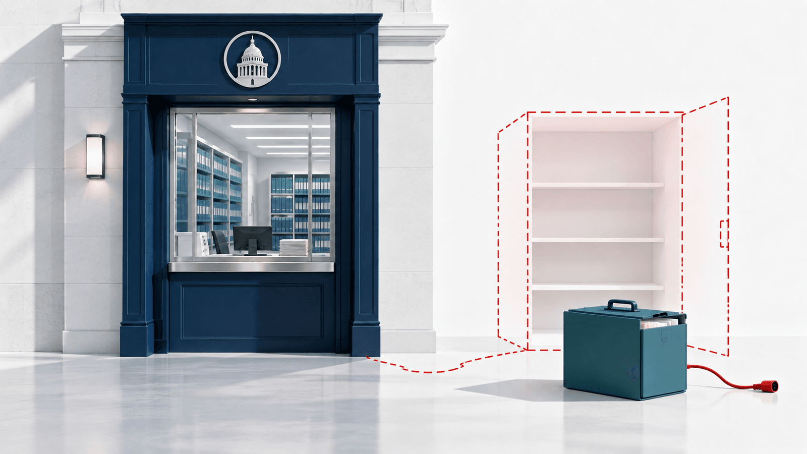 A navy government records window with blue binders behind the glass, beside an empty shelf outlined in red dashes and a teal file box on the floor with a red cord