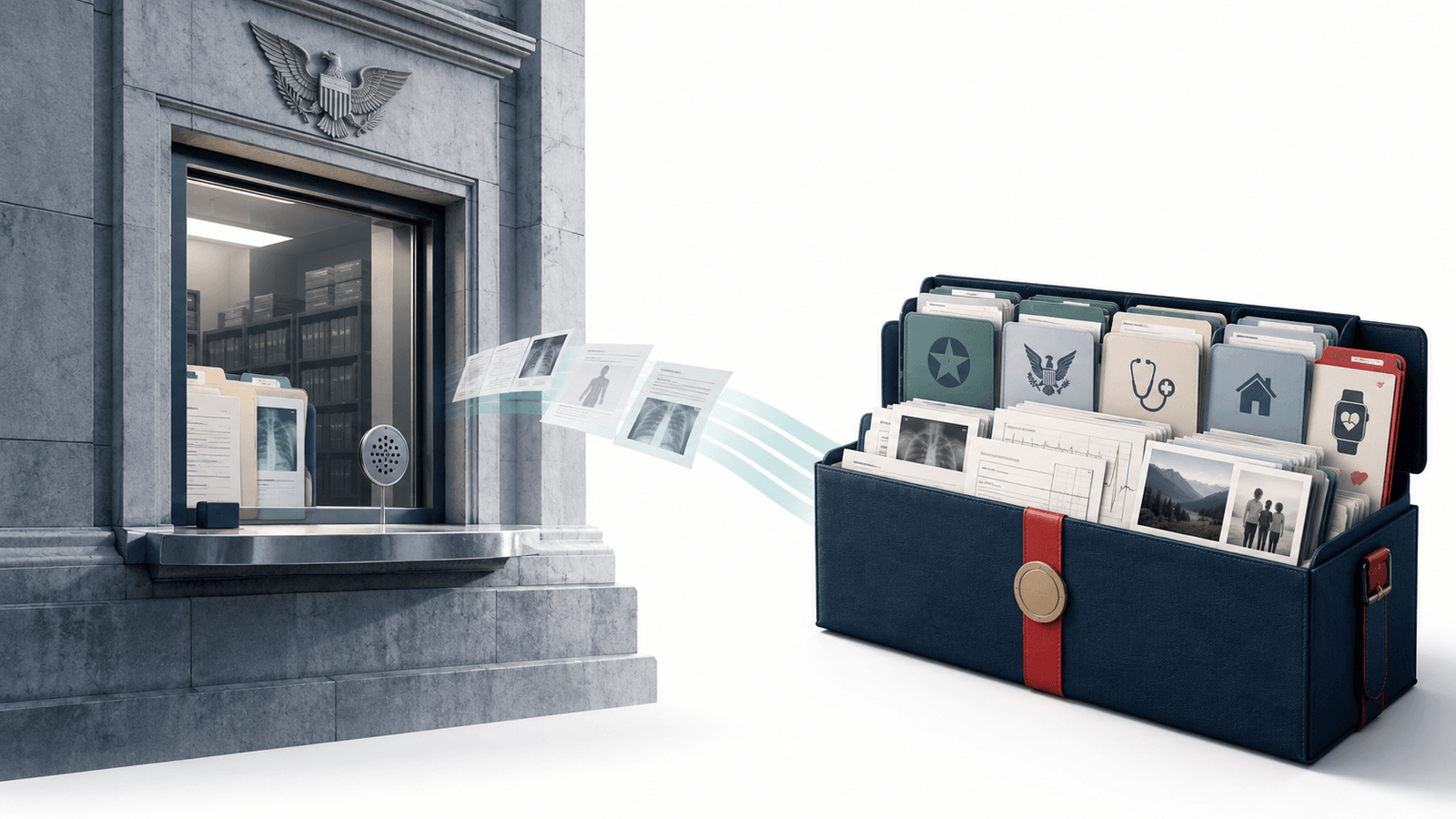 A stone federal building service window with an eagle crest passes digital claim pages and x-ray images through the air into an open navy file box holding tabbed folders for military, federal, medical, home, and wearable health records.