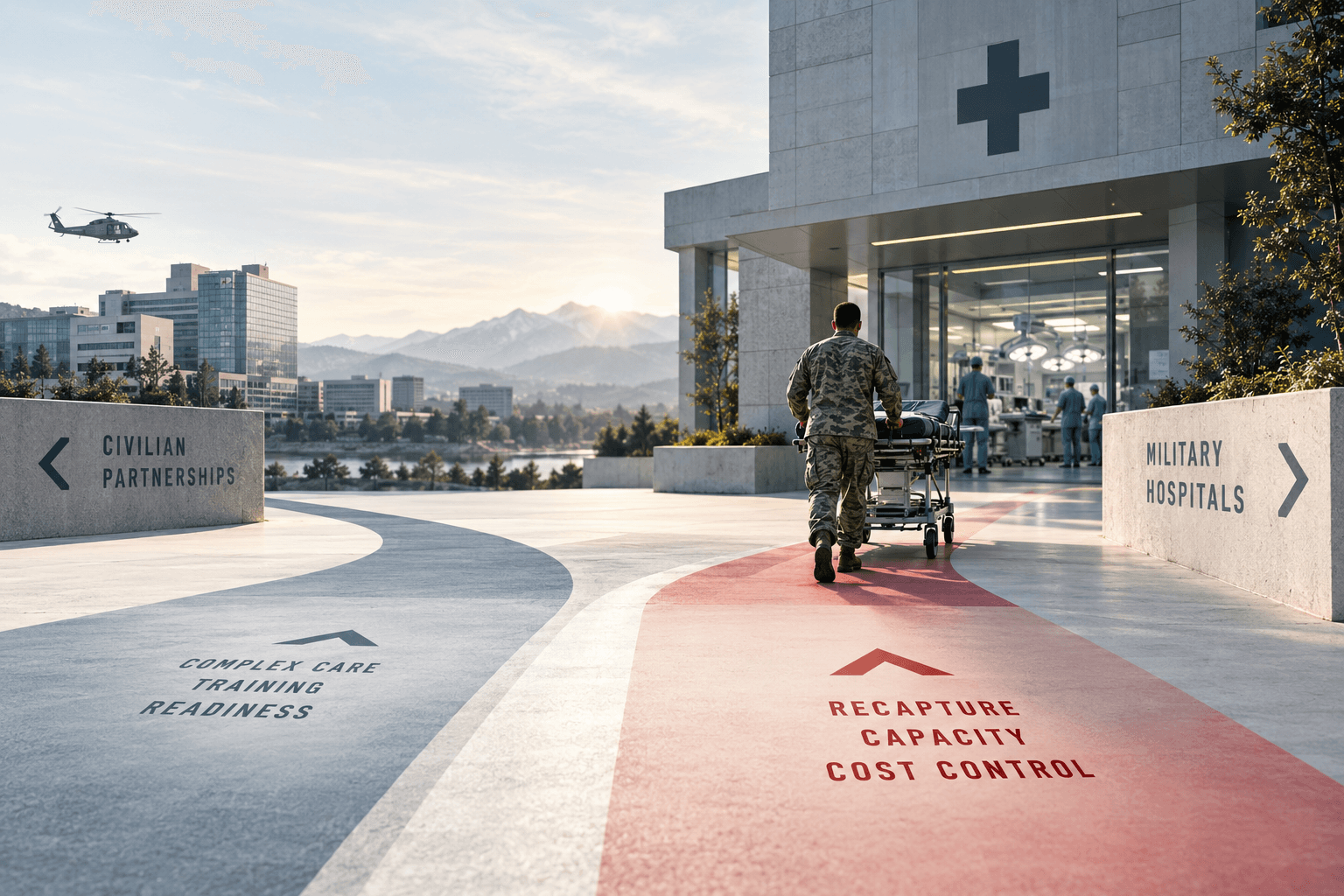 A service member in camouflage pushes a gurney along a red path marked Recapture, Capacity, Cost Control toward the glass entrance of a military hospital, while a gray path marked Complex Care, Training, Readiness curves left toward a civilian city skyline under a sign reading Civilian Partnerships.