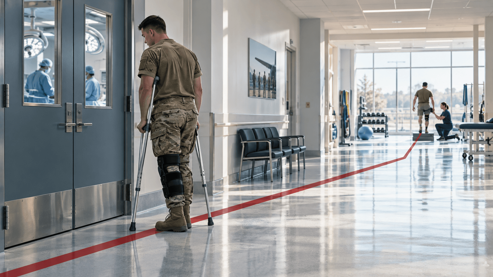 A service member in camouflage with a knee brace stands on crutches beside the doors of an operating room in a bright hospital corridor, while a red line on the floor runs past a row of empty waiting chairs to a physical therapy gym where a therapist works with a second service member on a step.