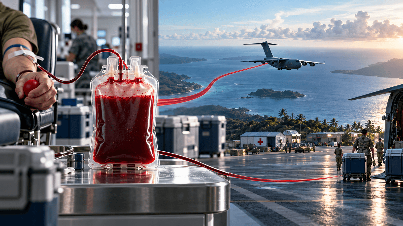 A service member donates blood in a hospital donor center, the full bag standing on a steel table in the foreground, while a red line of tubing runs out the window across a tropical island harbor to a cargo aircraft overhead and on to medics loading coolers onto another aircraft on the flightline at sunset.