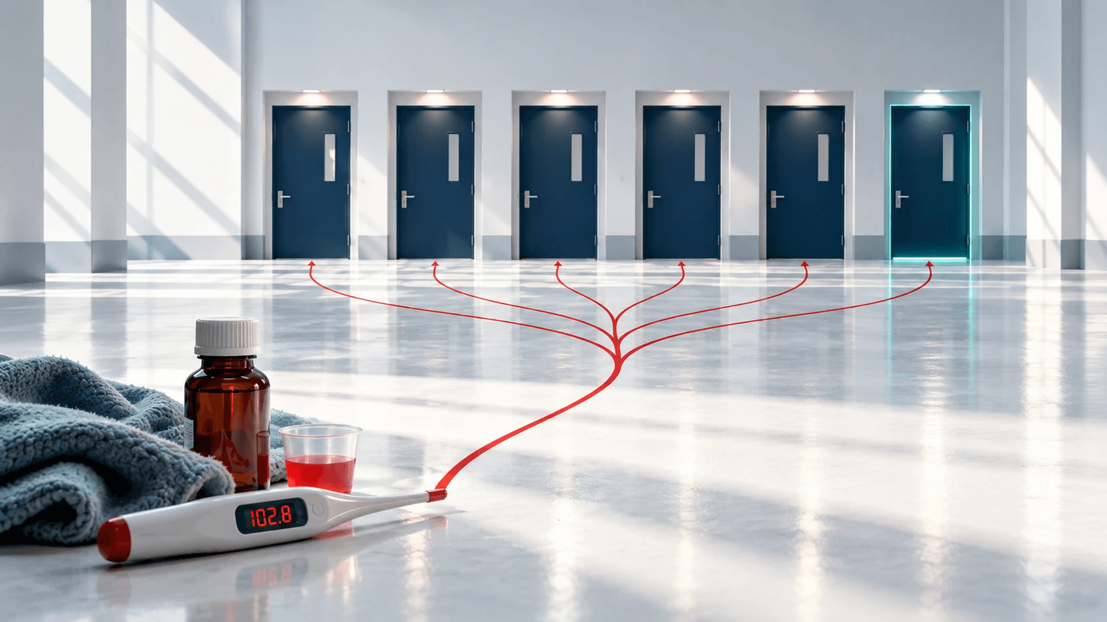 A hospital hallway with six navy doors, one lit in teal, and red lines running to each door from a thermometer reading 102.8 on the floor beside a medicine bottle, a dosing cup, and a blanket.