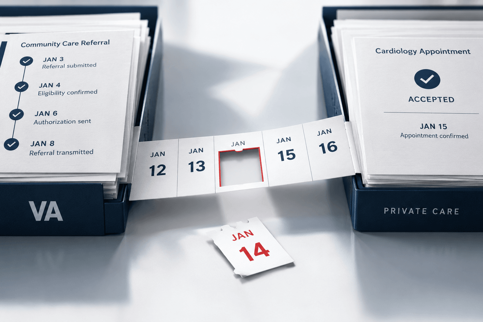 Two navy card boxes on a white desk. The left box, labeled VA, holds a community care referral checklist with four dated steps checked off, from referral submitted on January 3 to referral transmitted on January 8. The right box, labeled Private Care, holds a cardiology appointment card stamped accepted and confirmed for January 15. A strip of calendar pages runs between the two boxes, with the January 14 page torn out and lying on the desk below the empty slot.